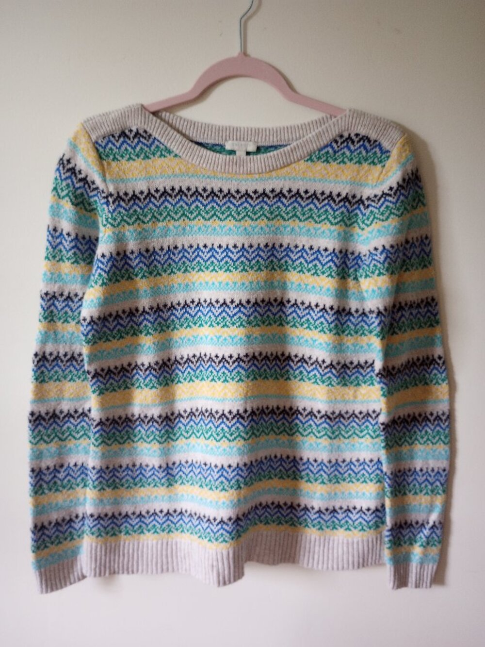 Talbots Women's Ivory Blue Fair Isle Striped Boatneck Sweater sz S